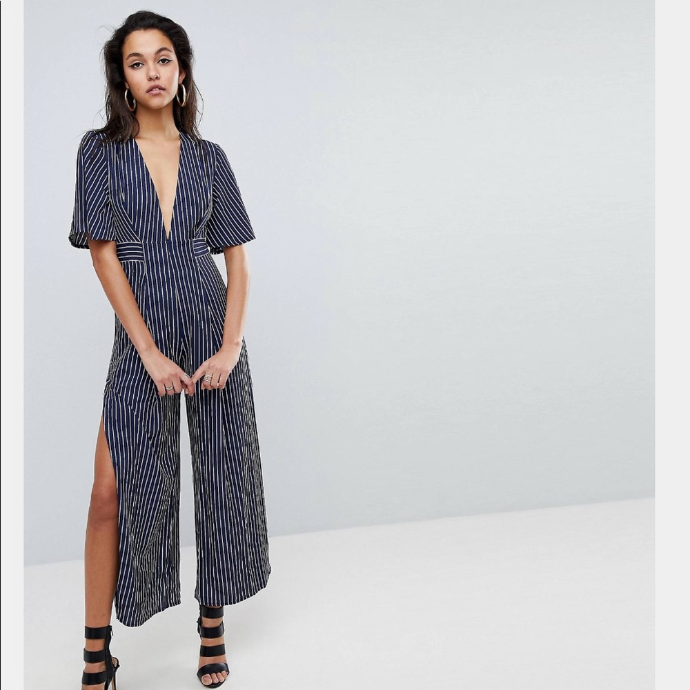 PARALLEL LINES Pinstripe Plunge Front Short Sleeve Jumpsuit with Side Slits
